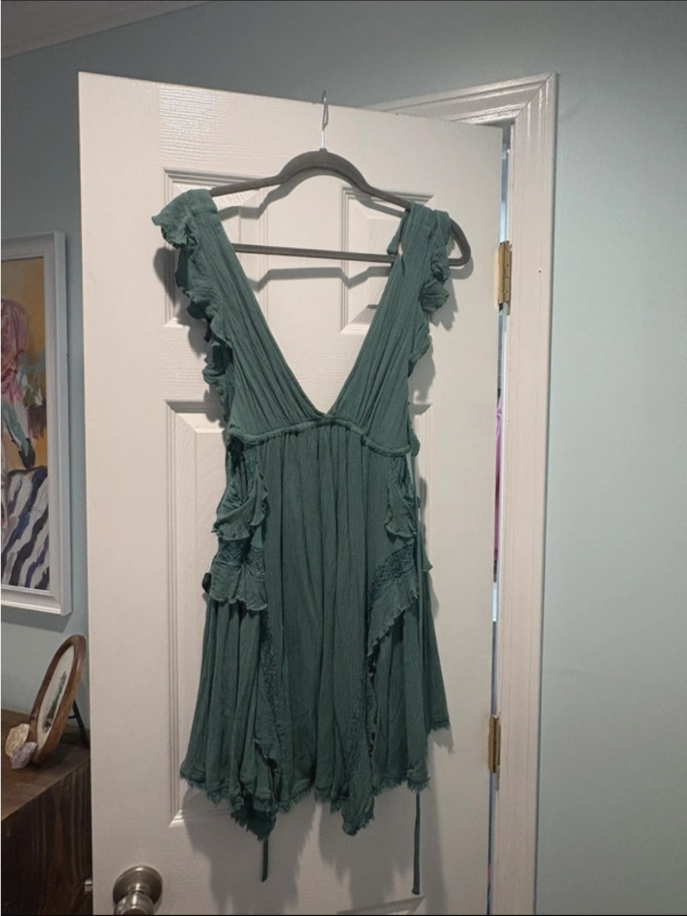 Free People Sage Green Ruffle V-Neck Mini Dress